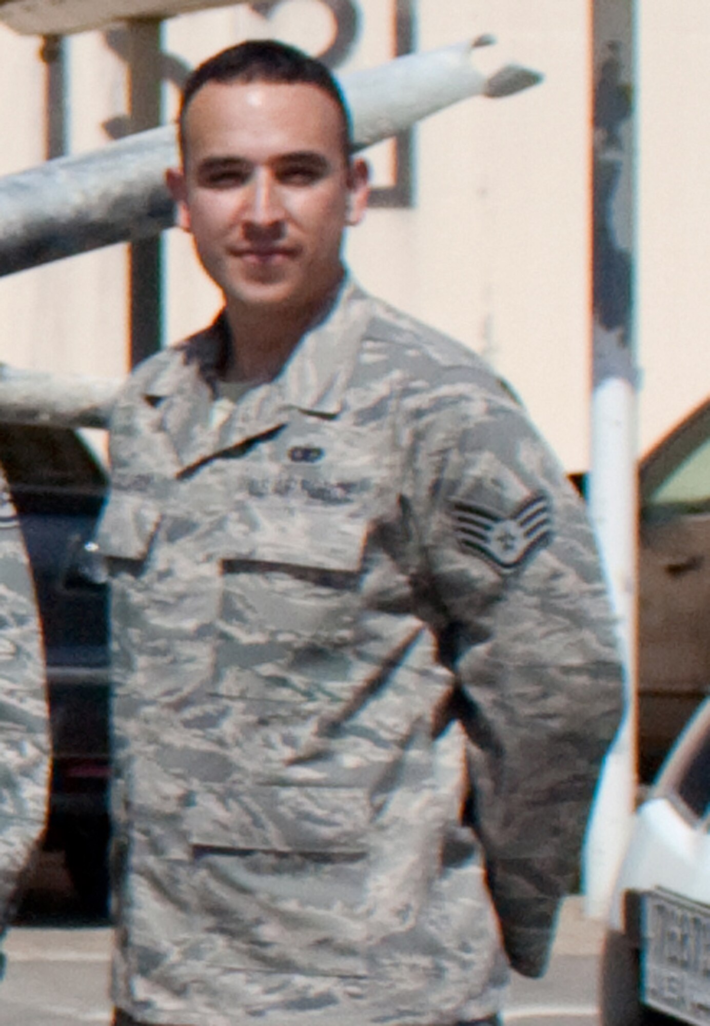 Staff Sgt. Leonel M. Gallardo is the knowledge operations manager for the 380th Expeditionary Maintenance Group at a non-disclosed base in Southwest Asia. Here he is pictured on March 12, 2010. He is deployed from the 18th Civil Engineer Group at Kadena Air Base, Japan. (U.S. Air Force Photo/Released)