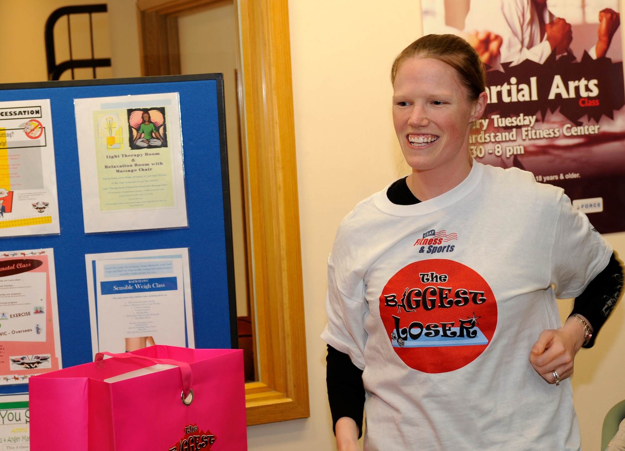 RAF MILDENHALL, England – Staff Sgt. Andrea Scheving, 100th Operations Support Squadron, is named the Biggest Loser Apr. 12 after competing in a weight loss competition organized by the Health and Wellness Center.  Sergeant Scheving lost 11.5 percent of her body weight for a total 16 pounds and 4 ounces and lost eight inches off her waist.  (U.S. Air Force photo/Staff Sgt. Christopher L. Ingersoll)