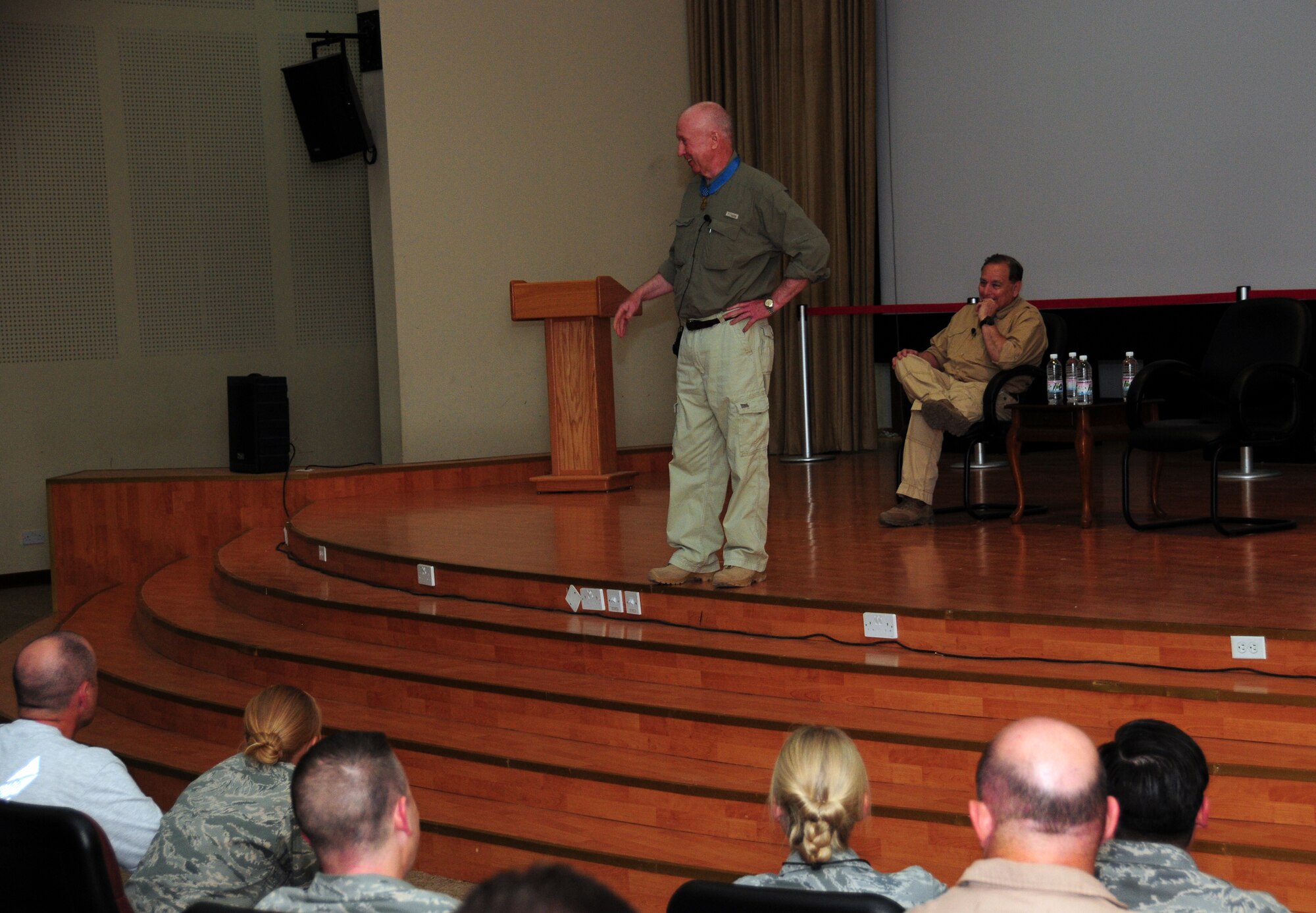 Don Jenkins, Vietnam era Medal of Honor recipient, talks with 386th Air Expeditionary Wing Airmen April 10, 2010 during a visit to an undisclosed location in Southwest Asia. Mr. Jenkins and fellow Medal of Honor recipient Retired Lt. Col. Alfred Rascon shared their Vietnam experiences and words of wisdom with Airmen as part of tour through the U.S. Central Command area of responsibility. (U.S. Air Force photo by Staff Sgt. Lakisha A. Croley/Released)