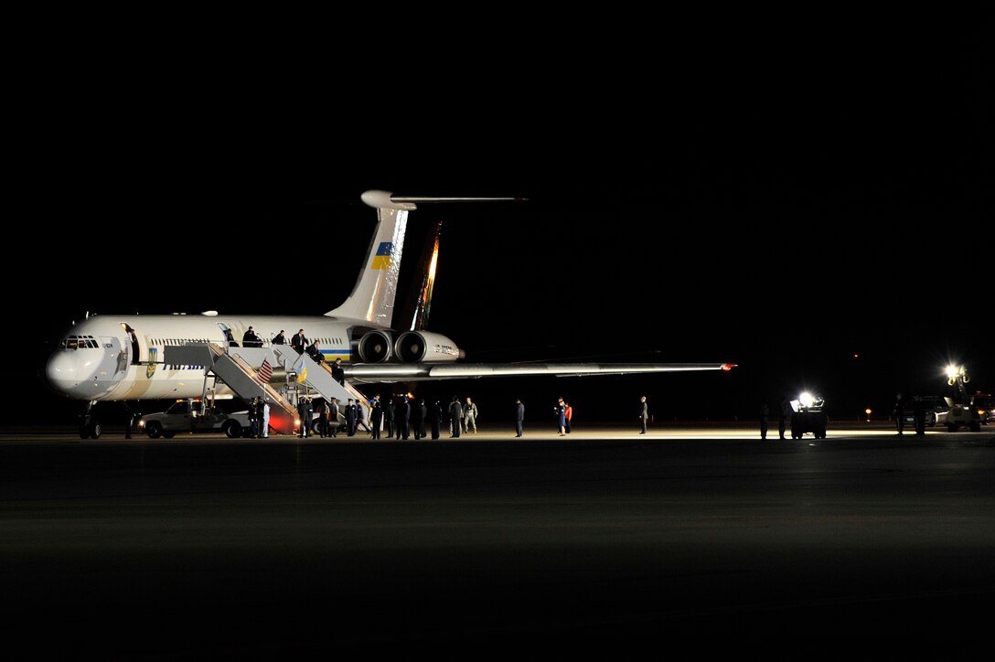 Passengers of Ukrainian President Viktor Yanukovych's Ilyushin IL-62 aircraft disembark onto the flight line at Joint Base Andrews, Md., April 11, 2010, prior to traveling via motorcade to Washington D.C. The Ukrainian President arrived in the U.S. on special invitation of President Barack Obama to discuss important issues during the Nuclear Security Summit this Monday and Tuesday. The 316th Wing is leading operations to provide safe, effective, and efficient arrival and departure services for the invited guests transiting Andrews. (U.S. Air Force photo by Airman 1st Class Perry Aston) (Released)