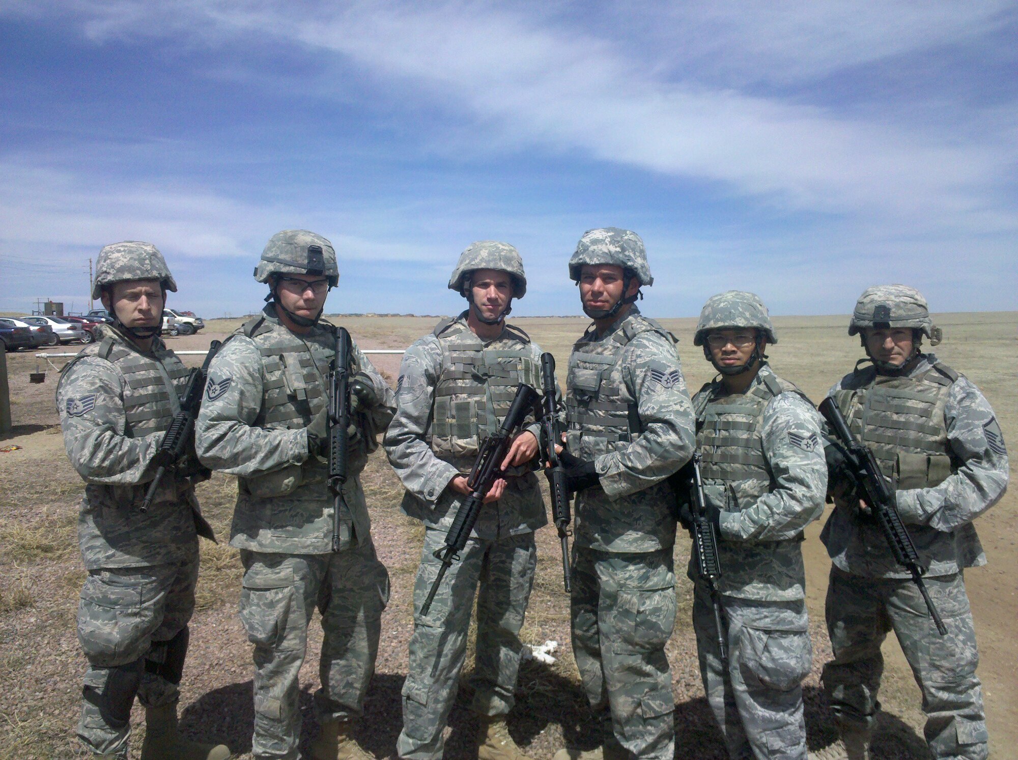 The 310th Security Forces Squadron Guardian Challenge team (L-R) is Staff Sgt. Evan Fletcher, Staff Sgt. Chase Alvarez, Staff Sgt. Chad Dickson, Senior Airman Alexander Banovz, Senior Airman Peter Goodick, and Master Sgt. Christopher Koerperich.
