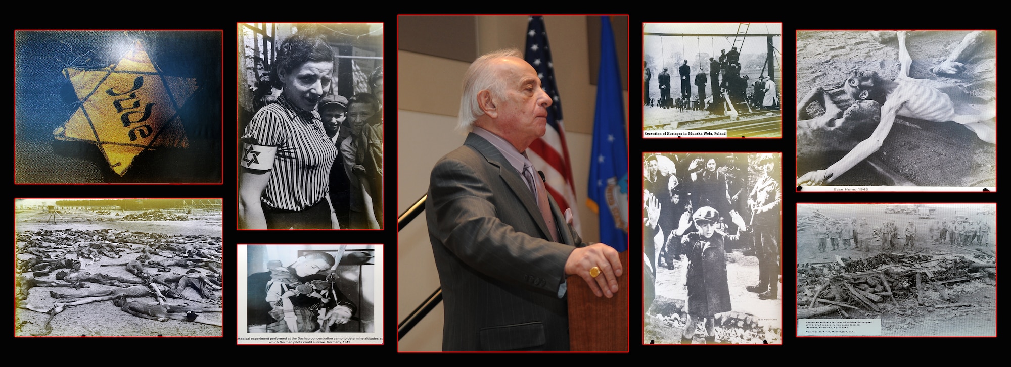Jack Alder, Buckleys Guest Speaker, shares his experience during World War II. Mr. Alder is a survivor of the Nazi concentration camps. Surrounding his photo are photographs taken during the occupation of the Nazi regime and the liberation of the concentration camps.