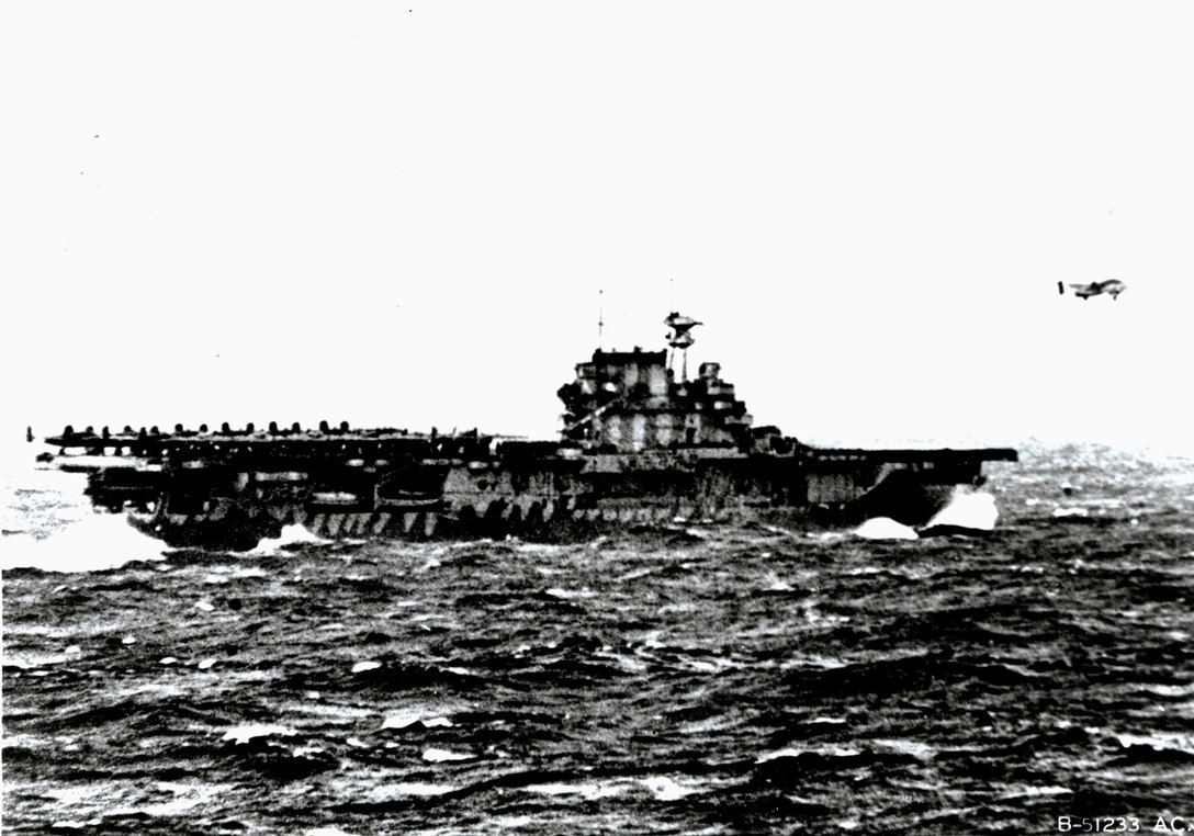 Lt. Col. Jimmy Doolittle takes off in his B-25 from the deck of the USS Hornet.  This is the only time U.S. Army Air Forces or, after 1947, U.S. Air Force, bombers ever took off from an aircraft carrier.  After the raid, Lt. Col. Doolittle was immediately promoted to brigadier general, thus skipping the grade of colonel, and received the Congressional Medal of Honor. (Photo courtesy of 28th Bomb Wing historian’s office)