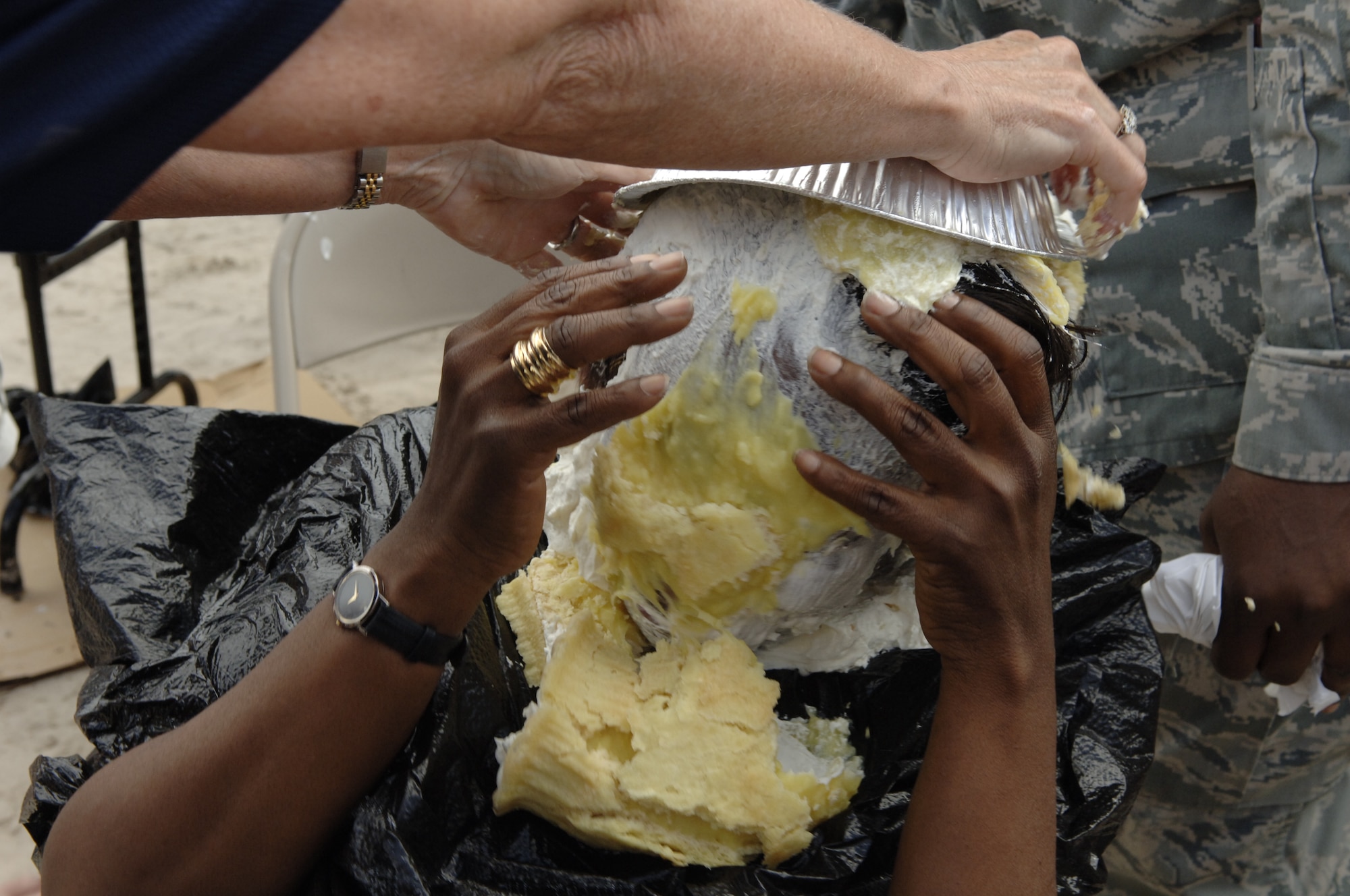Master Sergeant Lockett-Strong was the top contender to get pie in the face (U.S. Air Force photo by Capt. Shane Huff)
