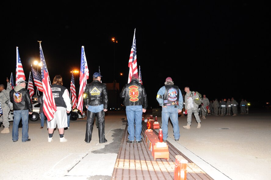 The Patriot Guard Riders helped greet the more than 100 returning Airmen returning of the 193rd Special Operations Wing?s 201st Rapid Engineer Deployable Heavy Operational Repair Squadron Engineers. They are returning to Fort Indiantown Gap after a six-month deployment to locations throughout Iraq and Afghanistan. The mission of this mobile civil engineering response force was to build and repair military infrastructures that support missions theater wide as part of the Wars in Iraq and Afghanistan. (Photo by Air Force Senior Master Sergeant David Hawkins)
