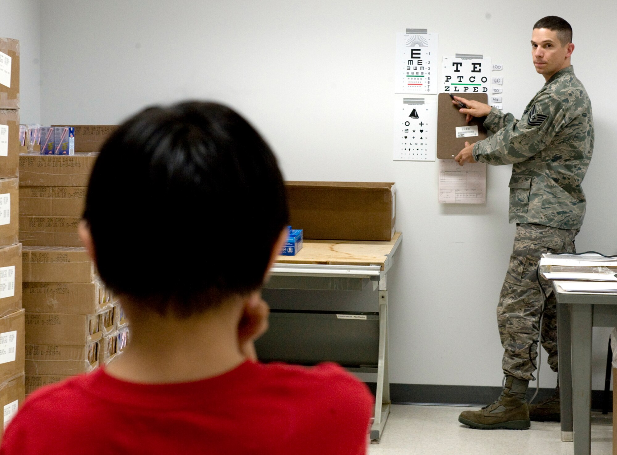 Tech. Sgt David Hauser conducts an initial eye test for 8-year-old Jason Ferreira during Operation Artic Care April 12, 2010, in Kotzebue, Alaska. Sergeant Hauser is an ophthalmic technician assigned to the 920th Aero Medical Staging Squadron at Patrick Air Force Base, Fla. (U.S. Air Force photo/Master Sgt. Jack Braden)