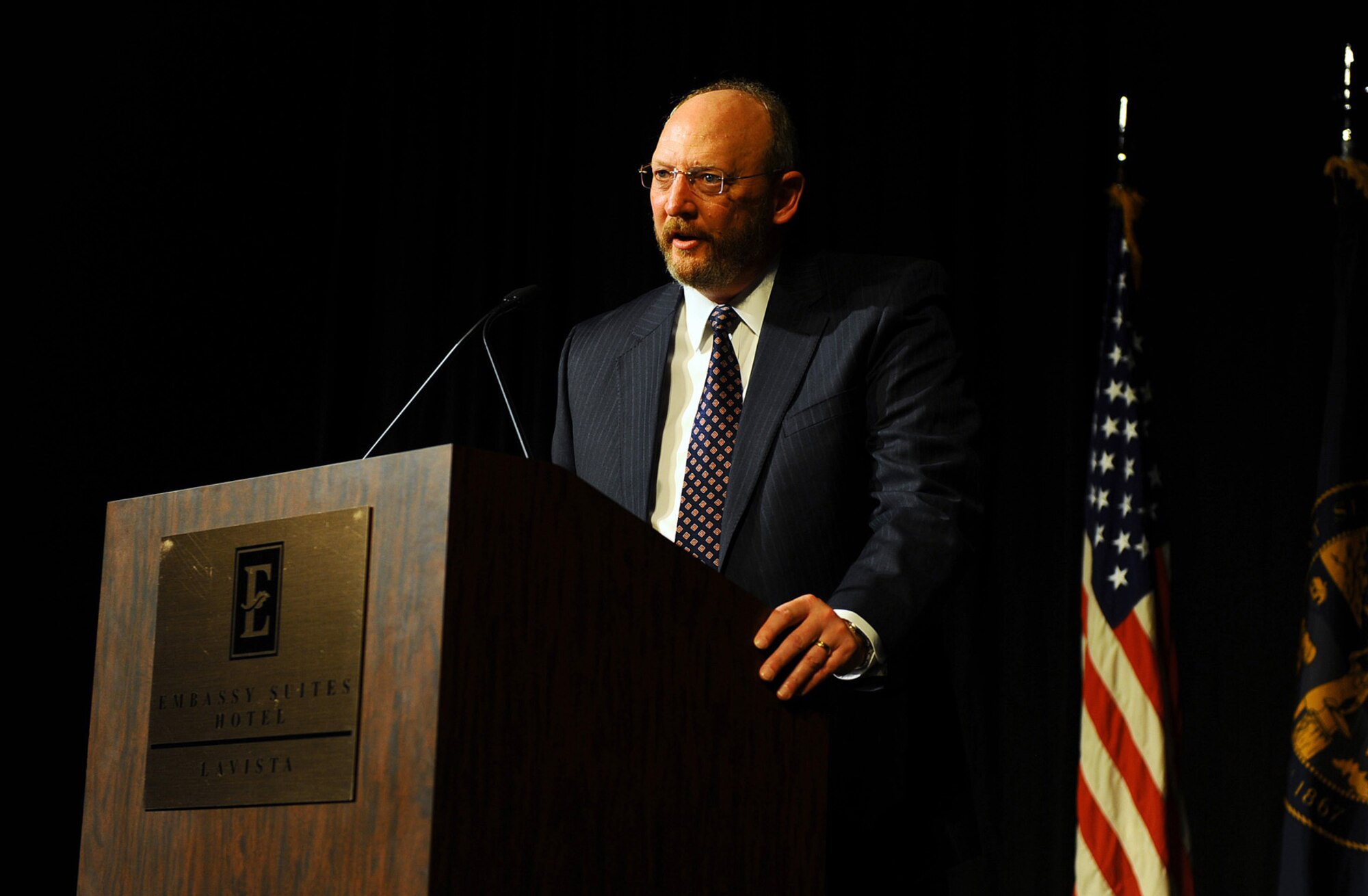 OFFUTT AIR FORCE BASE, Neb. ? Retired Lt. Col. Howard L. (Lynn) Duncan, gives his acceptance speech after being formally recognized as the 2010 55th Wing Hall of Fame inductee at the 2010 55th Wing Birthday Ball at Embassy Suites in La Vista, Neb., April 10. The event, attended by more than 800 members of Team Offutt, honored the wing?s past and celebrated the current role of the Fightin? Fifty-Fifth in today?s Air Force. U.S. Air Force photo by Josh Plueger
