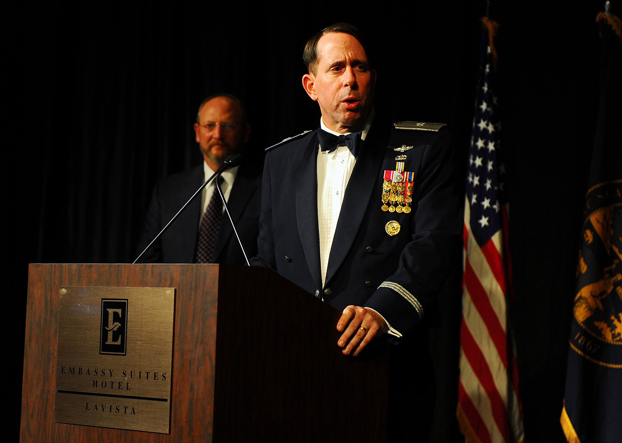 OFFUTT AIR FORCE BASE, Neb. ? Brig. Gen. John N.T. Shanahan, 55th Wing commander, speaks to more than 800 attendees at the 2010 55th Wing Birthday Ball at Embassy Suites in La Vista, Neb., April 10. The celebration honored the wing?s past and celebrated the current role of the Fightin? Fifty-Fifth in today?s Air Force. U.S. Air Force photo by Josh Plueger
