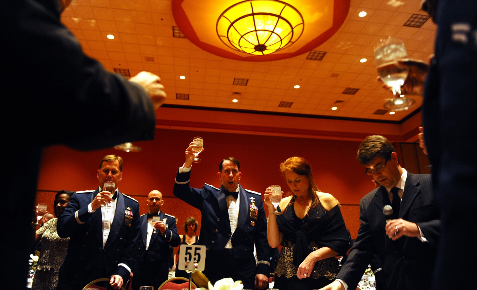 OFFUTT AIR FORCE BASE, Neb. ? Maj. Gen. Thomas K. Anderson, director of requirements for Air Combat Command joins Brig. Gen. John N.T. Shanahan, 55th Wing commander, as well as more than 800 other members of Team Offutt, in a toast to the armed forces at the beginning of the 2010 55th Wing Birthday Ball at Embassy Suites in La Vista, Neb., April 10. The celebration honored the wing?s past and celebrated the current role of the Fightin Fifty-Fifth in today?s Air Force. U.S. Air Force photo by Josh Plueger
