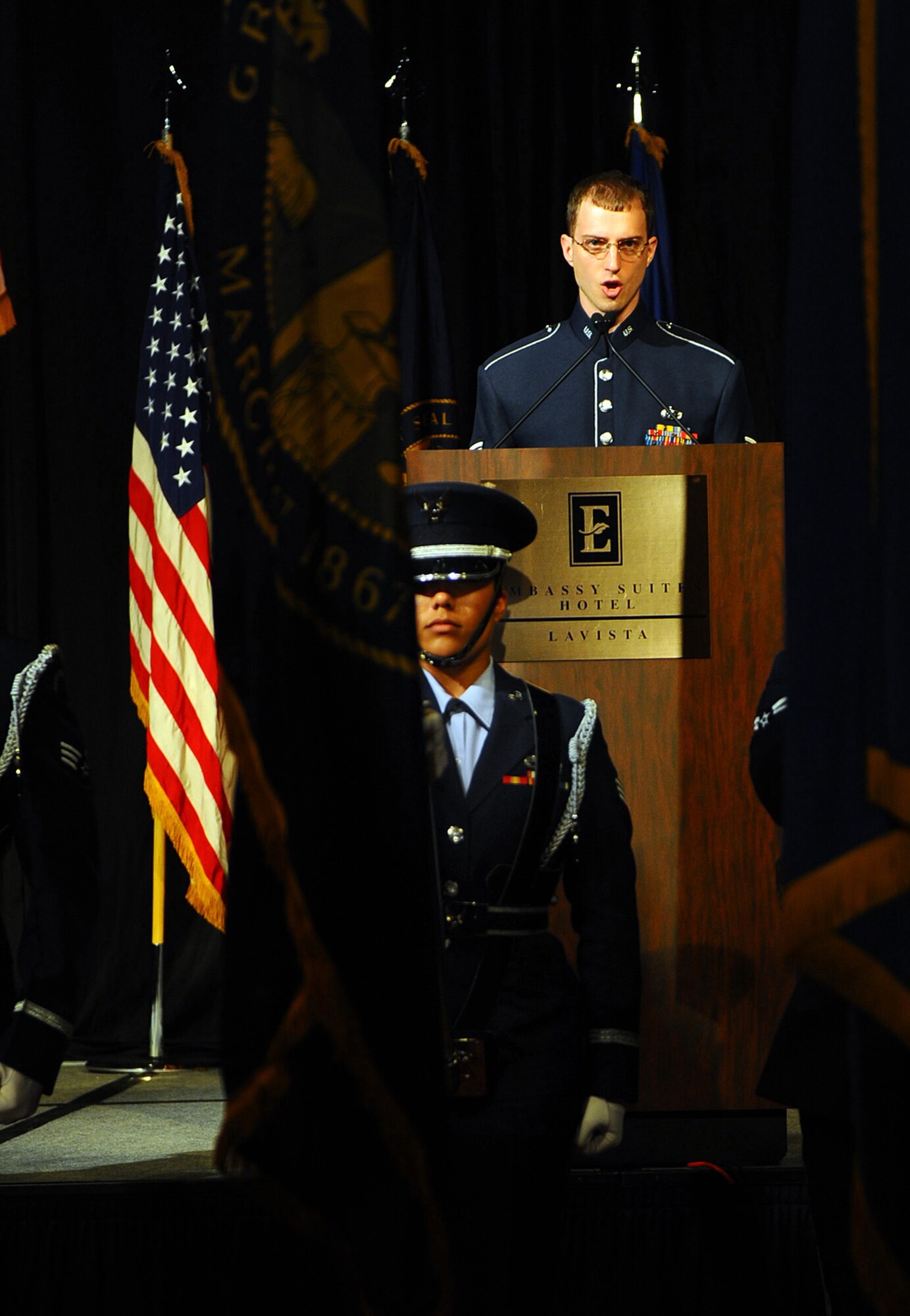 OFFUTT AIR FORCE BASE, Neb. ? Staff Sgt. Clint Whitney of the Heartland of America Band, sings the national anthem for more than 800 people at the 2010 55th Wing Birthday Ball at Embassy Suites in La Vista, Neb., April 10. The celebration honored the wing?s past and celebrated the current role of the Fightin Fifty-Fifth in today?s Air Force. U.S. Air Force photo by Josh Plueger
