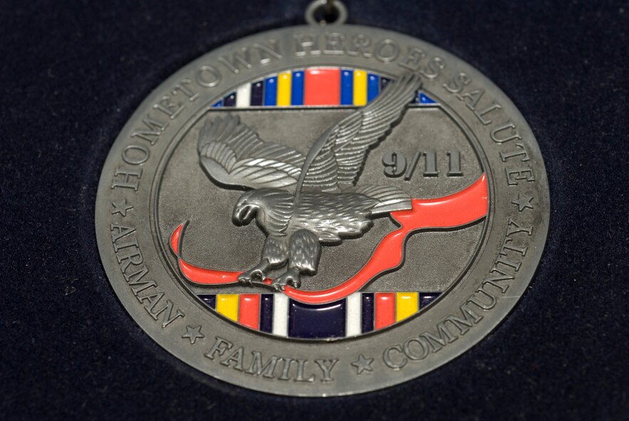 A close up of the Hometown Heroes medal, part of the Hometown Heroes display as seen in the 157th Force Support Squadron at Pease Air National Guard Base, New Hampshire on April 13 2010.  The purpose of this program is to celebrate and honor our Airmen, families, communities and those special supporters who have significantly contributed to supporting our Airmen and the ANG?s mission.  (U.S. Air Force photo/Staff Sgt. Curtis J. Lenz)


