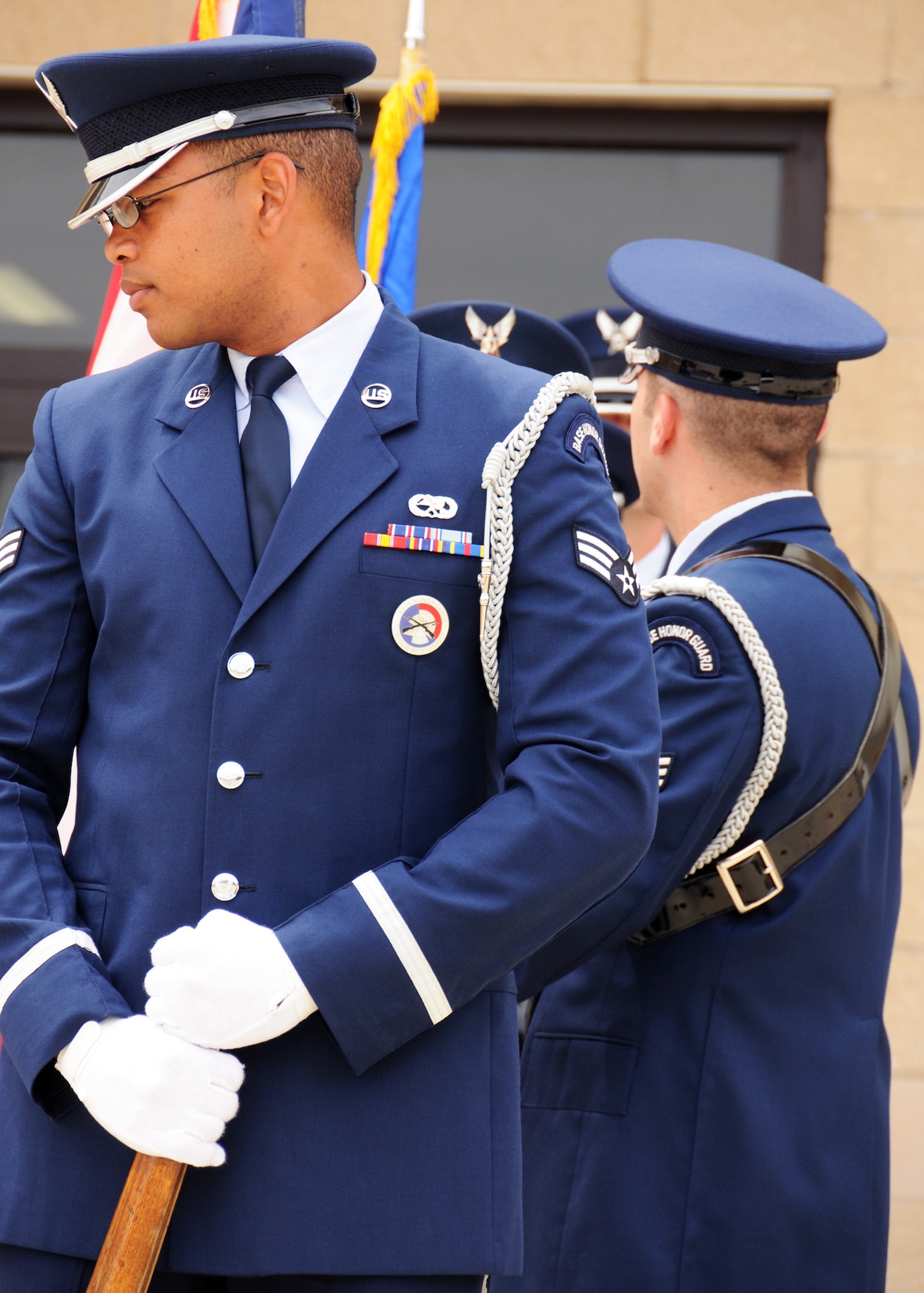 Senior Airman Gabriel Wills listens to directions from the flight leader during the Eglin Honor Guard's routine practice prior to the 919th Operations Group assumption of command ceremony April 10 at Duke Field.  (U.S. Air Force photo/Tech Sgt. Samuel King Jr.)