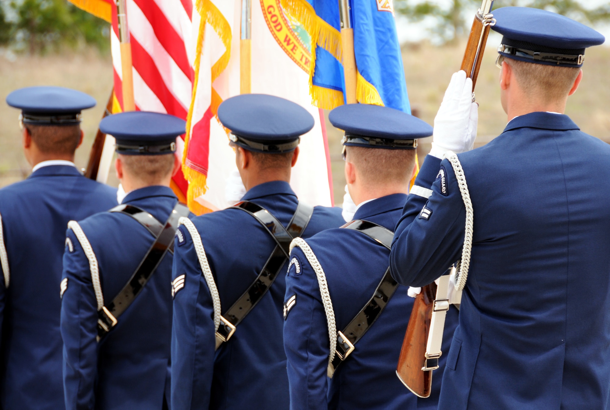 Members of the Eglin Honor Guard practice their routine prior to the 919th Operations Group assumption of command ceremony April 10 at Duke Field.  (U.S. Air Force photo/Tech Sgt. Samuel King Jr.)