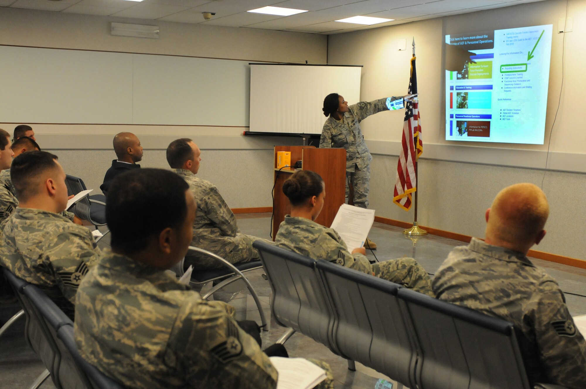 Airmen receive deployment information from Staff Sgt. Ashley Montgomery, NCOIC Personnel Readiness Unit. Various base agencies attended the briefing to help member prepare for the duration of their deployment to Southwest Asia.
(U.S. Air Force photo/Staff Sgt. Nadine Y. Barclay)