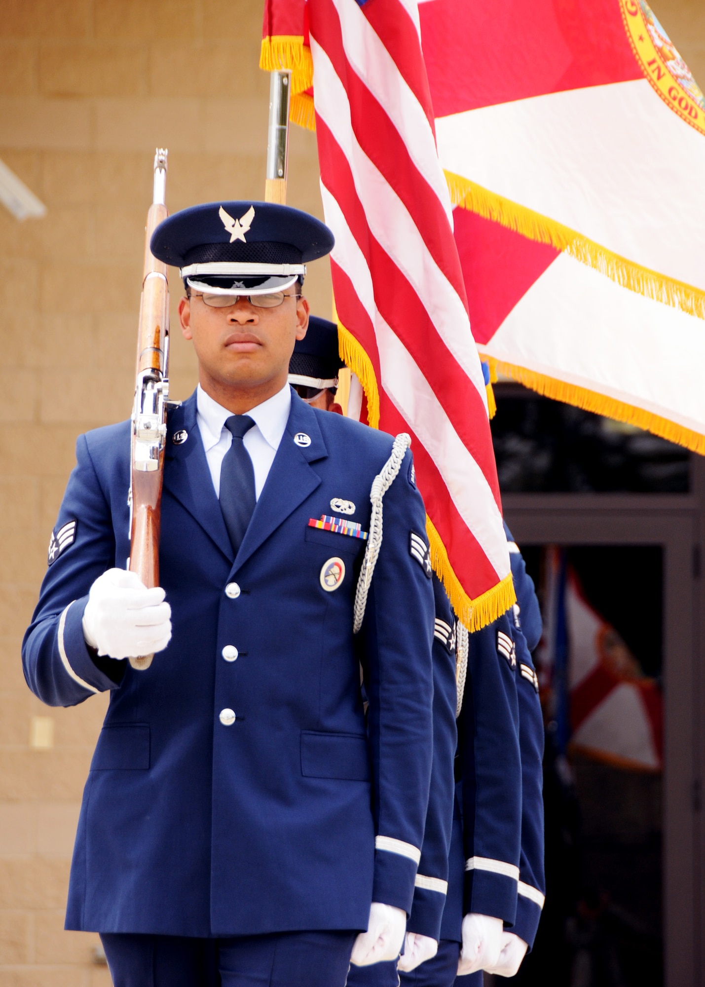 Senior Airman Gabriel Wills leads the Eglin Honor Guard through their routine prior to the 919th Operations Group assumption of command ceremony April 10 at Duke Field.  (U.S. Air Force photo/Tech Sgt. Samuel King Jr.)