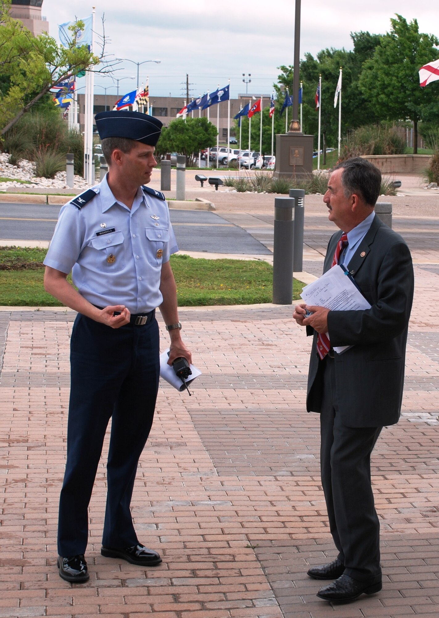 LAUGHLIN AIR FORCE BASE, Texas – U.S. Rep. Ciro Rodriguez and Col. Jeffrey McDaniels, 47th Flying Training Wing commander, converse after a tour of Laughlin April 12. Congressman Rodriguez visited Laughlin in order to observe some of the base’s ongoing stimulus-funded projects. (U.S. Air Force photo by Airman 1st Class Blake Mize) 