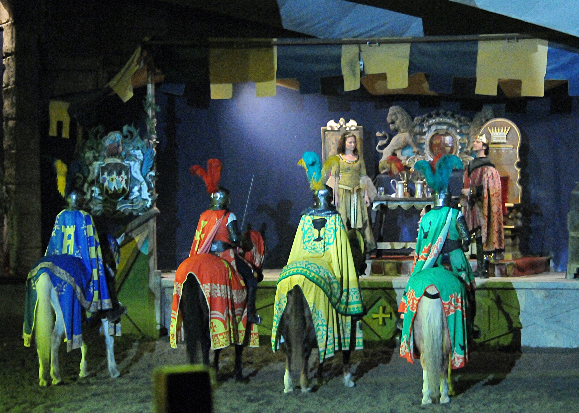 Four knights stand before a king prior to battling for the heart of his daughter, Princess Esmeralda, April 10 at Medieval Times Restaurant and Show in Verona, Italy.  For more information on the medieval show, visit http://www.canevaworld.it.  (U.S. Air Force photo/Senior Airman Tabitha M. Mans)