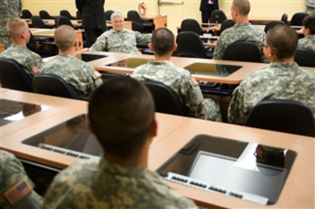 Chief of Staff of the Army Gen. George W. Casey Jr. talks with Advanced Individual Training Soldiers at the new Global Assessment Tool Survey Center in Fort Jackson, S.C., on Apr. 12, 2010.  The center supports the Comprehensive Soldier Fitness program and will be able to process Global Assessment Tool Surveys for two companies a day.  