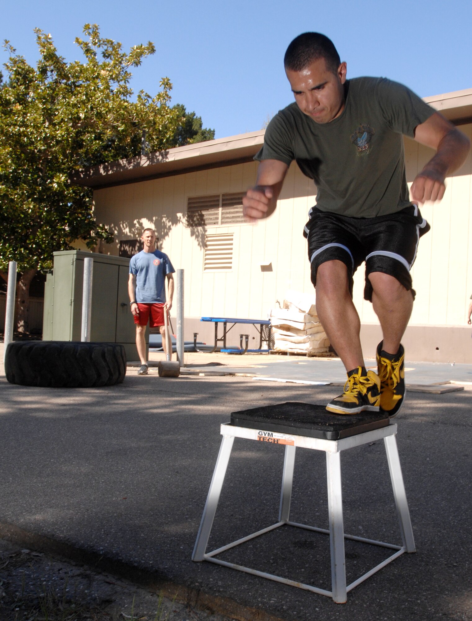 VANDENBERG AIR FORCE BASE, Calif. - Airman 1st Class Tim Prieto, of the 30th Security Forces Squadron, works out by executing sets of box jumps during training for Guardian Challenge at the old base gym here Tuesday, April 13, 2010. Security forces guardian challenge team members are selected by a physical fitness tryout and must possess outstanding shooting scores. (U.S. Air Force photo/Senior Airman Christopher Hubenthal)