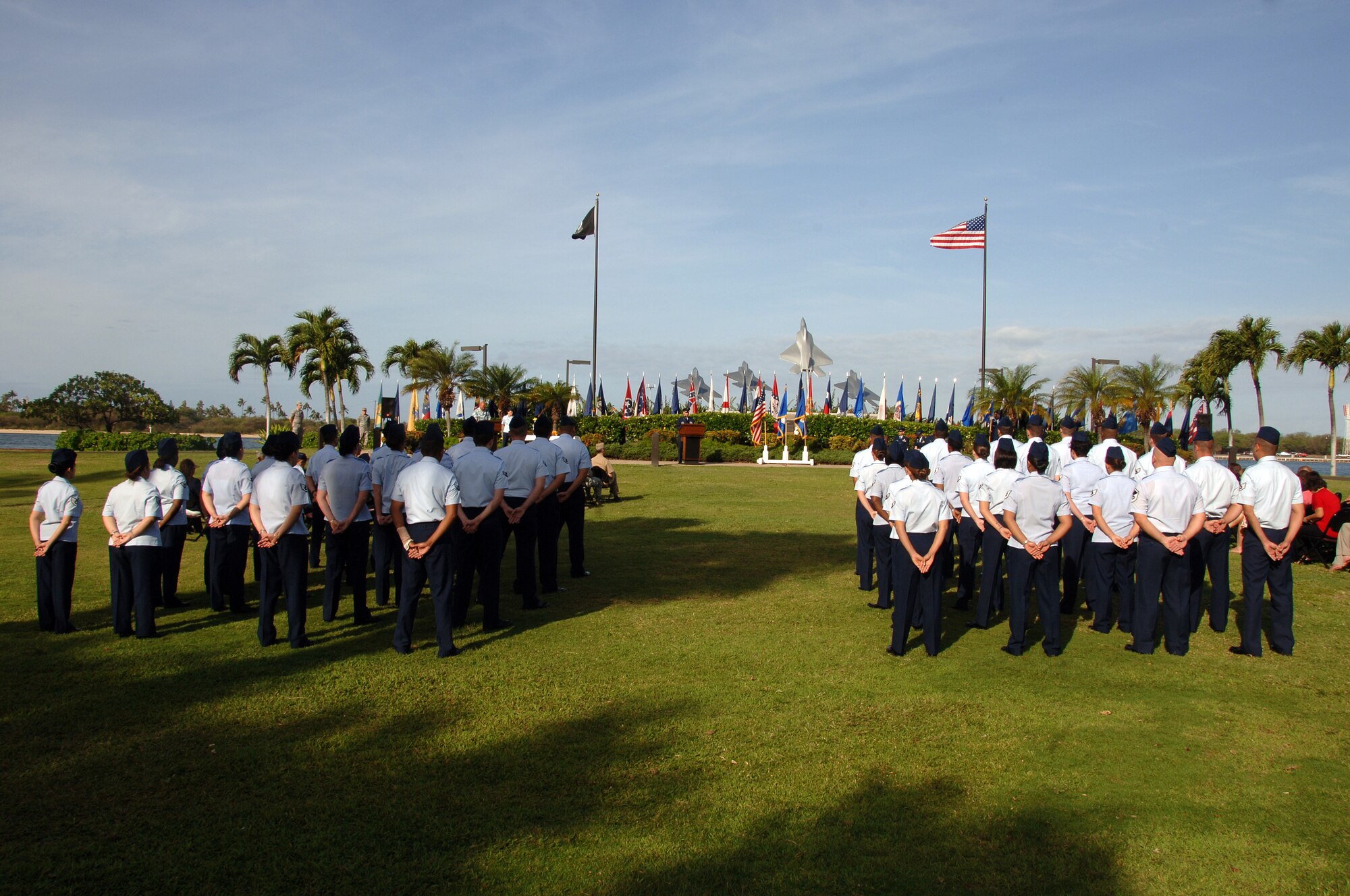 Members of the newly formed 15th Force Support Squadron stand in formation at the 15 FSS Activation and Assumption of Command ceremony here April 14. During the ceremony, the 15th Mission Support Squadron and the 15th Services Squadron were deactivated and then re-activated jointly as the 15 FSS. (U.S. Air Force photo by Senior Airman Nathan Allen)