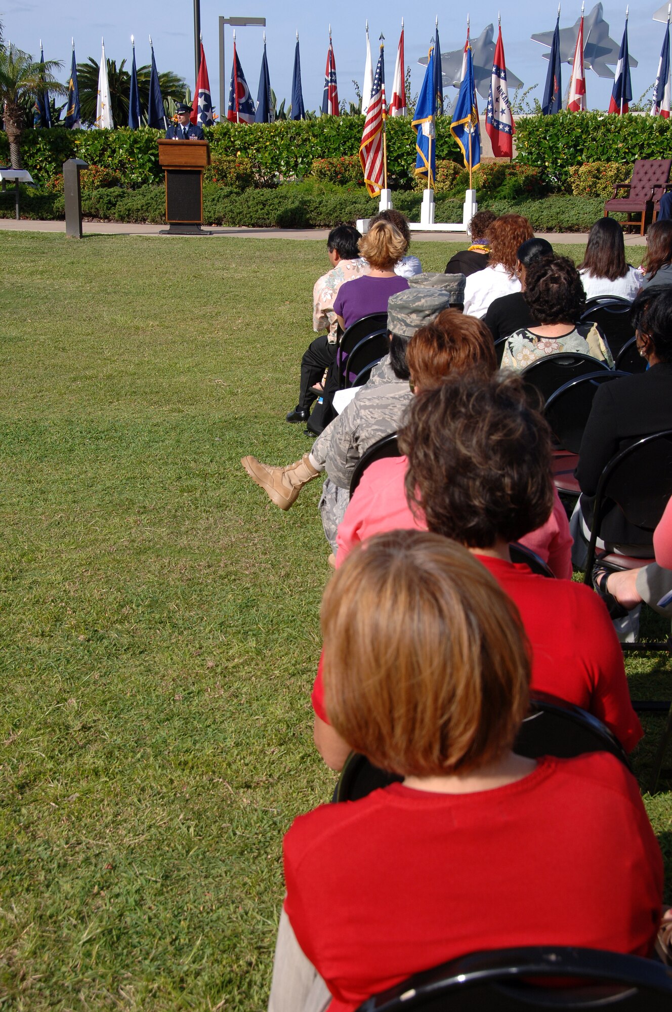 Col. Charles Baumgardner, 15th Mission Support Group commander , delivers a speech at the 15th Force Support Squadron Activation and Assumption of Command ceremony here April 14. During the ceremony, the 15th Mission Support Squadron and the 15th Services Squadron were deactivated and then re-activated jointly as the 15 FSS. (U.S. Air Force photo by Senior Airman Nathan Allen)