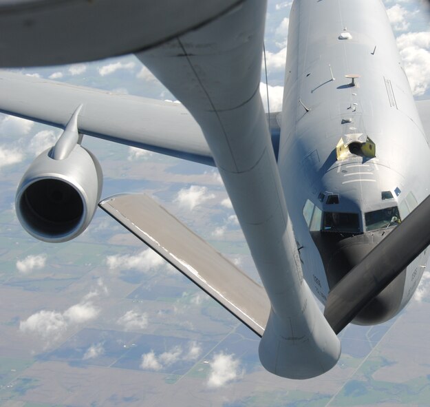 A KC-135R(RT) gets into position to receive fuel from a KC-135 April 6. Both refueling aircraft are assigned to the 22nd Air Refueling Wing at McConnell AFB, Kan. (U.S. Air Force photo/ 2nd Lt. Christopher Buzzetta)