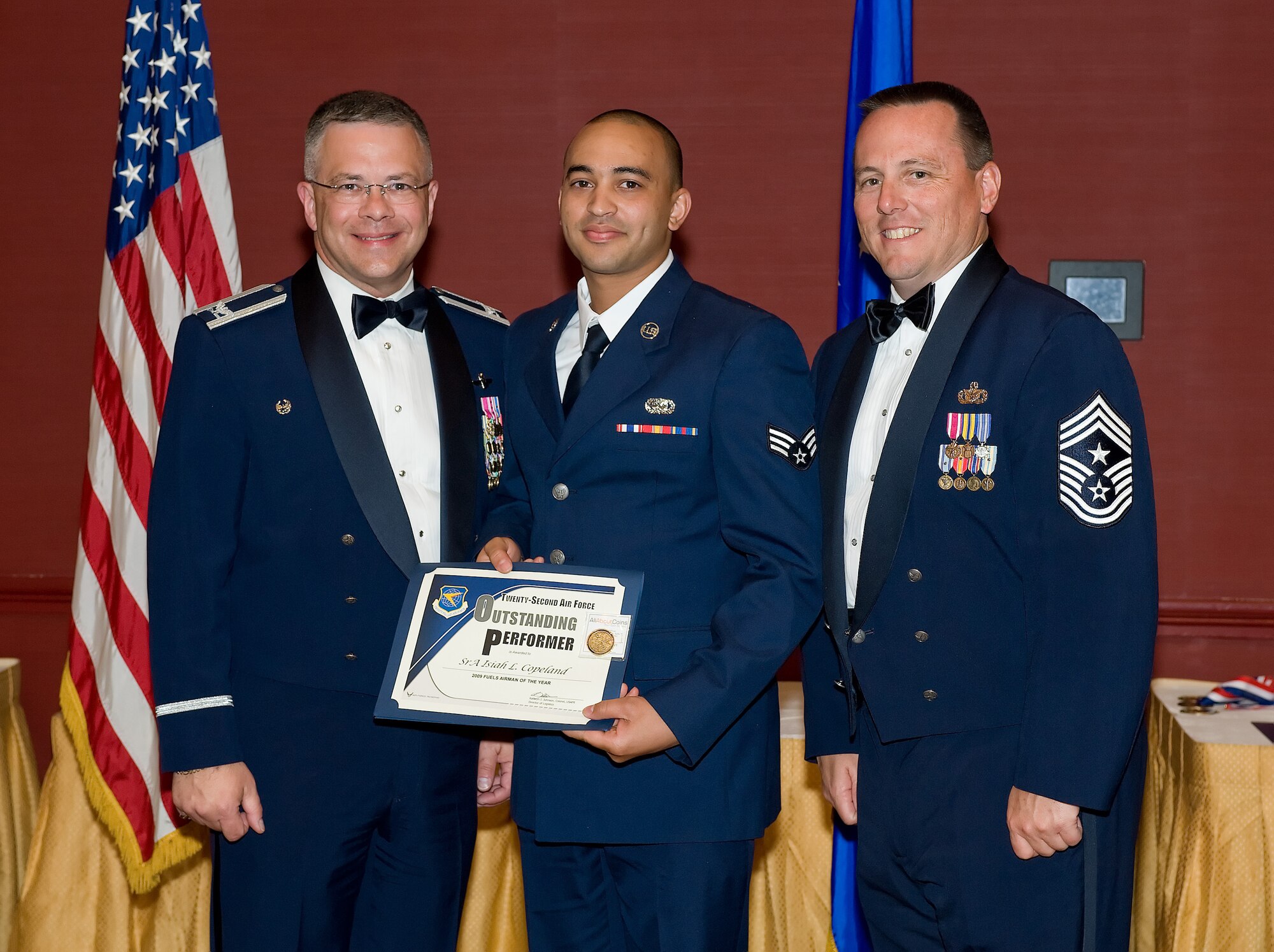 Senior Airman Isiah Copeland, 512th Logistics Readiness Flight, is the 2009 22nd Air Force Air Reserve Component Fuels Airman of the Year. He was recognized for his accomplishments during the 512th AW Annual Awards Banquet April 10 at the Sheraton in Dover. (U.S. Air Force photo/Jason Minto) 