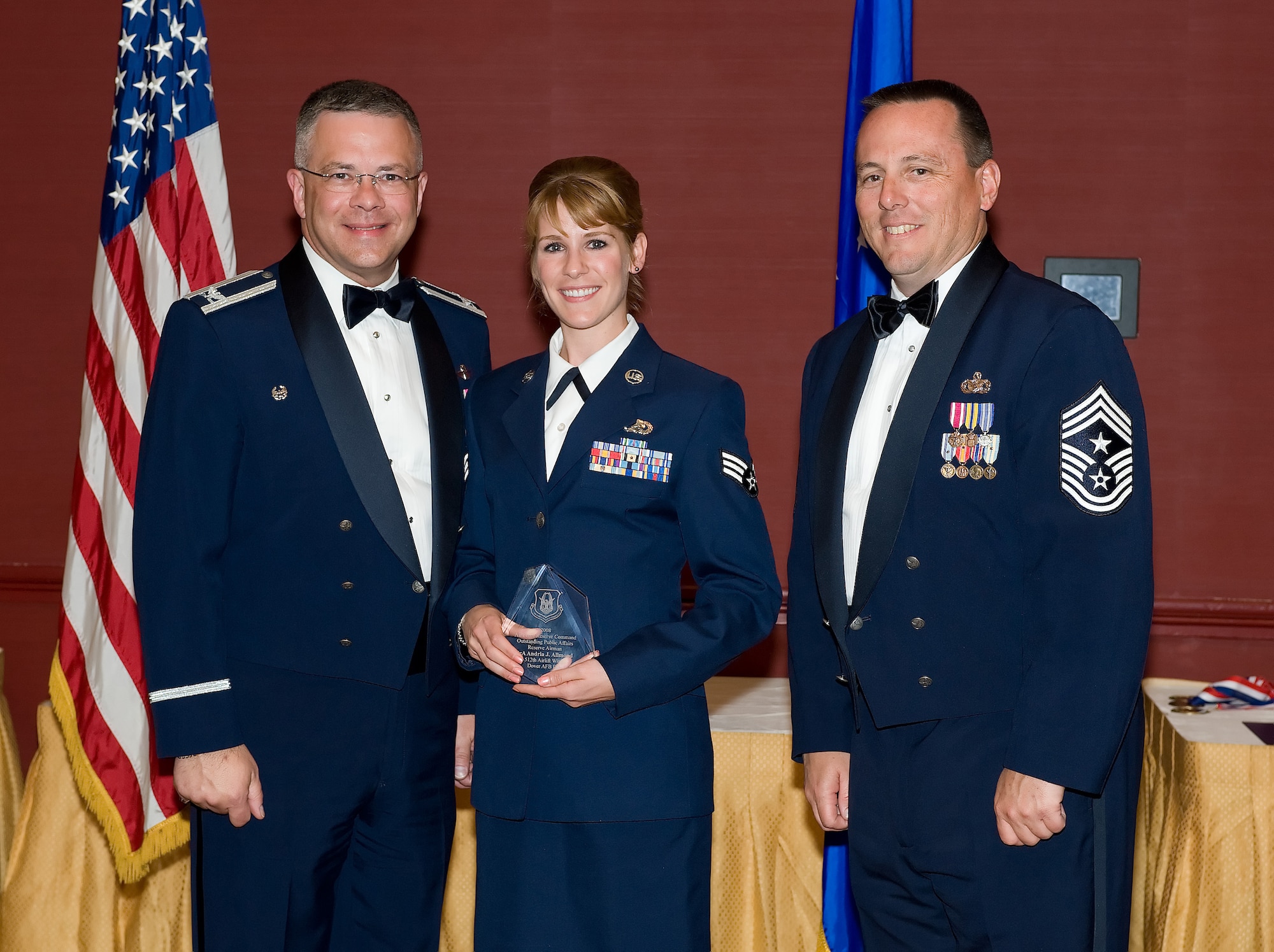 Senior Airman Andria J. Allmond, 512th Airlift Wing Public Affairs, is the 2009 Air Force Reserve Command Public Affairs Airman of the Year for 2008. She was recognized for her accomplishments during the 512th AW Annual Awards Banquet April 10 at the Sheraton in Dover. (U.S. Air Force photo/Jason Minto) 