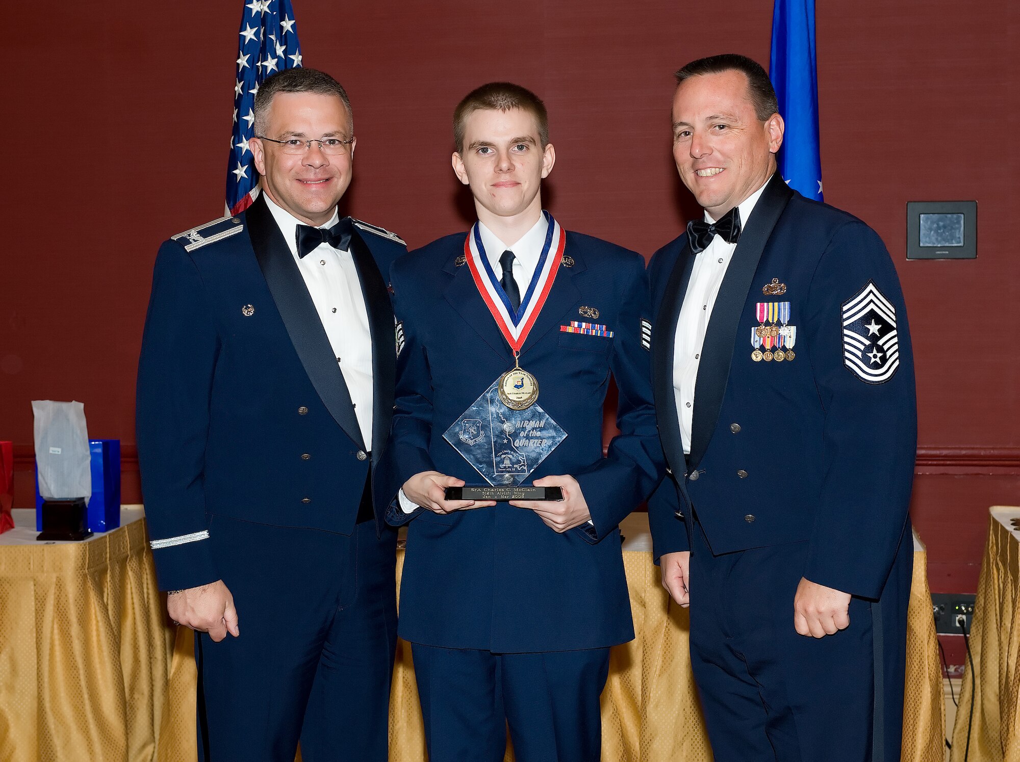 Senior Airman Charles McClain, 512th Maintenance Squadron, is the 2009 512th Airlift Wing Airman of the first quarter. He was recognized for his accomplishments during the 512th AW Annual Awards Banquet April 10 at the Sheraton in Dover. (U.S. Air Force photo/Jason Minto) 