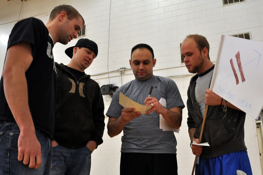 Future Airmen work together during a team building exercise as part of a Delayed Enlistment Program event hosted by the 419th Fighter Wing Recruiting Squadron here April 10. The DEP event featured various team-building exercises for a group of new recruits who are awaiting departure for Basic Military Training. (U.S. Air Force photo/Staff Sgt. Heather Skinkle)