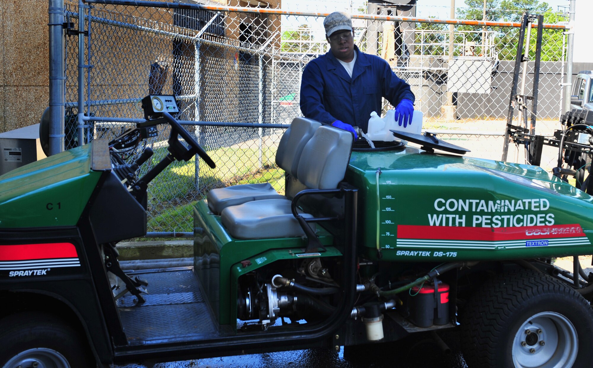 100412-F-8430J-016
SHAW AIR FORCE BASE, S.C. - Senior Airman Terrence Murray, 20th Civil Engineer Squadron entomologist, mixes Phantom Pesticide for a house call April 12, 2010. The 20th CES entomologists specialize in pest control, eliminating weeds, and conducting health inspections. The 20th CES entomologists are vital to the Air Force since they are in charge of diseases and pest control so troops and families can stay healthy. (U.S. Air Force photo/Airman 1st Class Amber E. N. Jacobs)