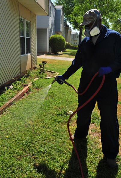 100412-F-8430J-090
SHAW AIR FORCE BASE, S.C. - Senior Airman Terrence Murray, 20th Civil Engineer Squadron entomologist, sprays Phantom Pesticide around the edges of a home on base April 12, 2010. The Phantom Pesticide is used to eliminate any unwanted bugs or pests. The 20th CES entomologists specialize in pest control, eliminating weeds, and conducting health inspections. The 20th CES entomologists are vital to the Air Force since they are in charge of diseases and pest control so troops and families can stay healthy.  (U.S. Air Force photo/Airman 1st Class Amber E. N. Jacobs)