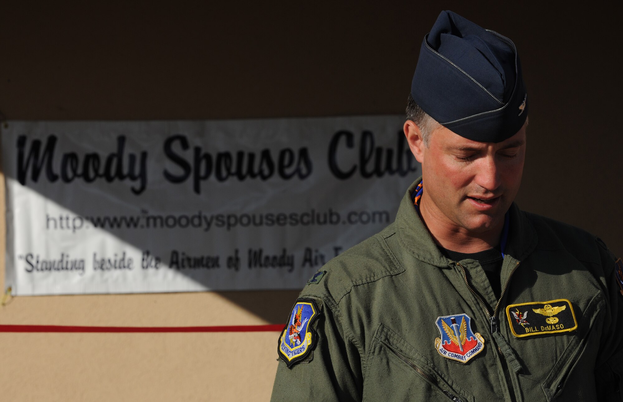 MOODY AIR FORCE BASE, Ga. -- Col. William DeMaso, 23rd Wing vice commander, thanks the Moody Spouses Club for supporting the Thrift Shop here April 13. The club runs the Thrift Shop and all proceeds go toward scholarships for active duty dependents, as well as other base and local charities. (U.S. Air Force photo by Airman 1st Class Benjamin Wiseman/RELEASED)
