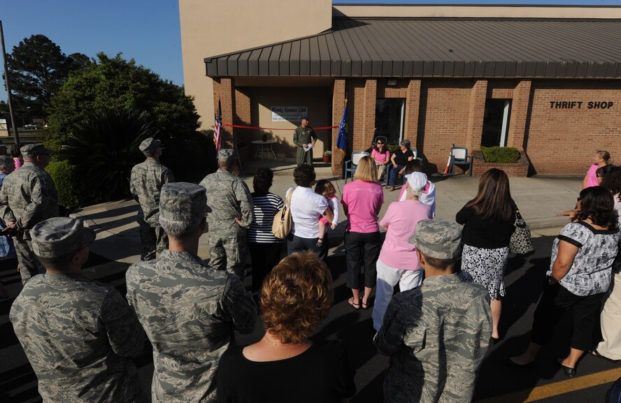 MOODY AIR FORCE BASE, Ga. -- Col. William DeMaso, 23rd Wing vice commander, gives a speech at the reopening of the Moody Thrift Shop here April 13. The Thrift Shop is a place where Airmen can shop and save money on consigned or donated items. (U.S. Air Force photo by Airman 1st Class Benjamin Wiseman/RELEASED)