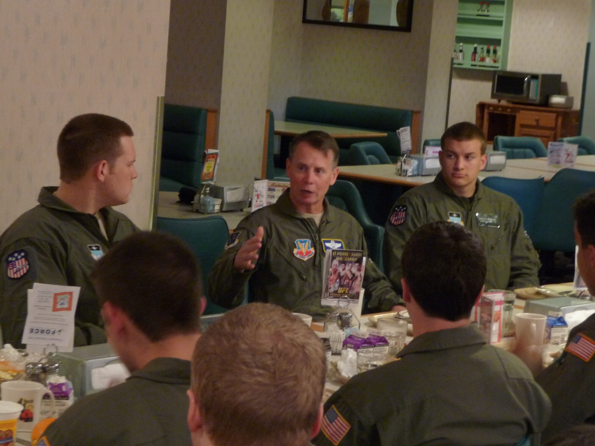 DAVIS-MONTHAN AIR FORCE BASE, Ariz. --  Lt. Gen. Glenn Spears, 12th Air Force (Air Forces Southern) commander, discusses current Air Force topics with a group of Air Force Academy cadets from Squadron CS-38.  The squadron visited Davis-Monthan AFB to tour the 12th Air Force headquarters, the 612th Combined Air and Space Operations Center, A-10 and F-16 units, as well as, learn from Airmen working in various career fields.  During the meal, General Spears took questions from the group, ranging from thoughts on his time as an Academy cadet to ongoing operations in Iraq and Afghanistan and the future of manned aircraft.  (U.S. Air Force photo by Capt. Nathan Broshear)