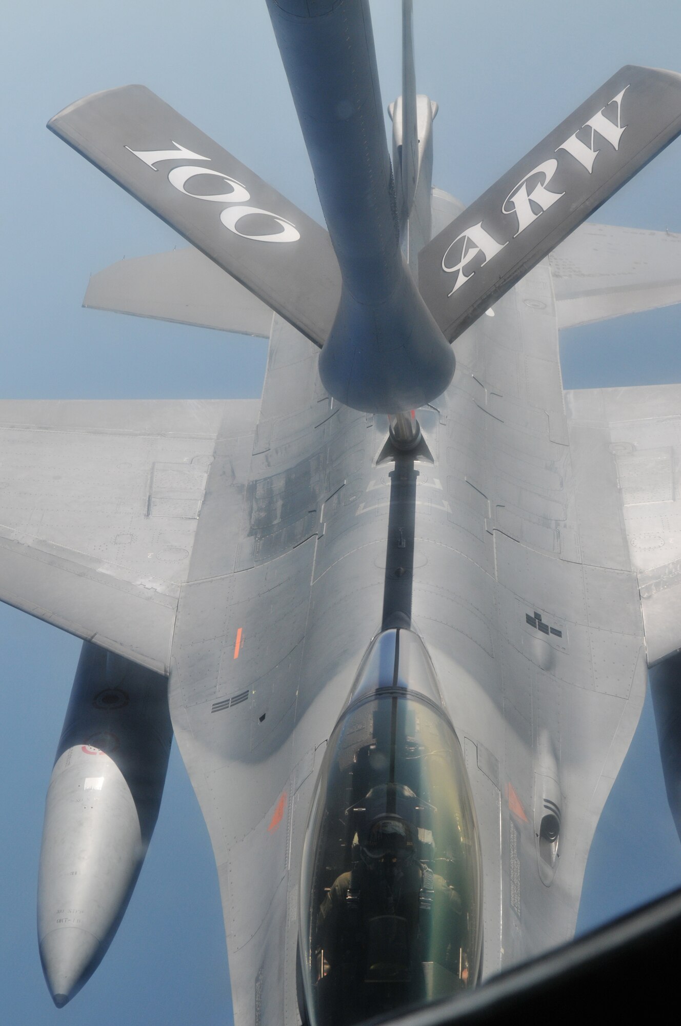 RAF MILDENHALL, England – A 100th Air Refueling Wing KC-135 Stratotanker refuels a Royal Netherlands Air Force F-16 Fighting Falcon during Exercise FRISIAN FLAG April 14. In cooperation with their NATO partners, RAF Mildenhall continues to build partner capacity during the annual exercise. The 100th ARW will continue to fly refueling missions supporting the exercise through this week and into next. (U.S. Air Force photo/Tech. Sgt. Kevin Wallace)