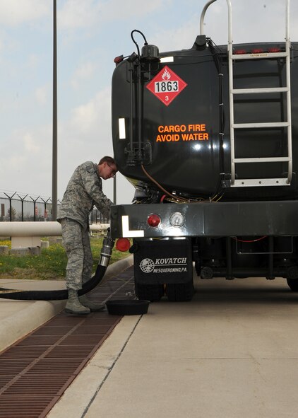 MCCONNELL AIR FORCE BASE, Kan. -- Airman Jacob Baxendale, 22nd Logistics Readiness Squadron fuels distribution operator, connects a fuel hose from a fillstand to an R-11 fuel truck, April 6, 2010, McConnell Air Force Base, Kan. The fillstand gets fuel from the storage facility to replenish each fuel truck. The fuels management shop is responsible for loading and hauling fuel to be utilized for vehicles, aircraft, and support equipment used on the flight line. (U.S. Air Force photo/Airman 1st Class Andrea Salazar)