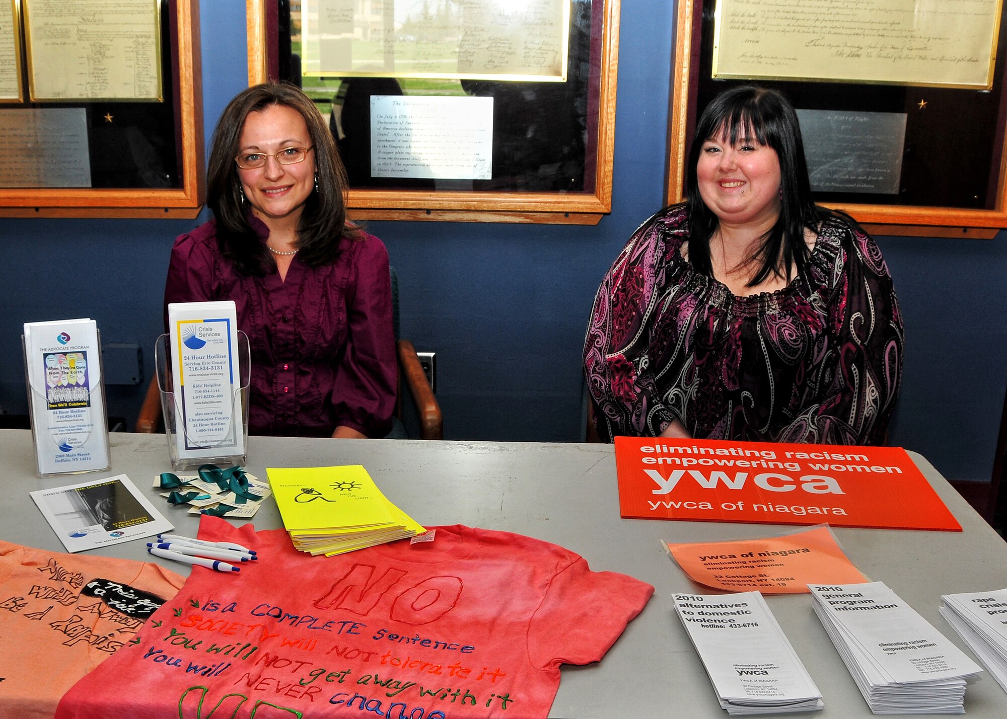 Brandi Sutherland from Crisis Services and Ashley Markel from YWCA of Niagara give out information before the screening of the film Searching for Angela Shelton, April 13, 2010, Niagara Falls Air Reserve Station, Niagara Falls NY. The film Searching for Angela Shelton was shown to members of the 914th and 107th Airlift wing members in the James B. Roberts Jr. Training Center as part of Sexual Assault Awareness Month. (U.S. Air Force photo by Staff Sgt. Joseph McKee) 
