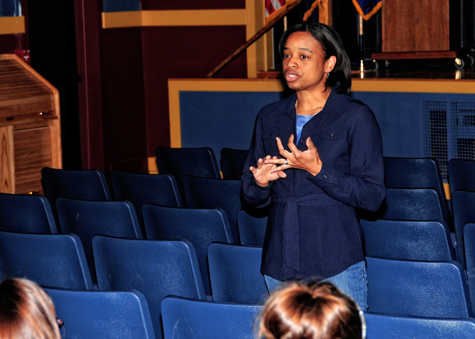 Brande Newsome, 914th AW SARC takes questions and comments from the audience after the screening of the film Searching for Angela Shelton, April 13, 2010, Niagara Falls Air Reserve Station, Niagara Falls NY. The film Searching for Angela Shelton was shown to members of the 914th and 107th Airlift wing members in the James B. Roberts Jr. Training Center as part of Sexual Assault Awareness Month. (U.S. Air Force photo by Staff Sgt. Joseph McKee) 