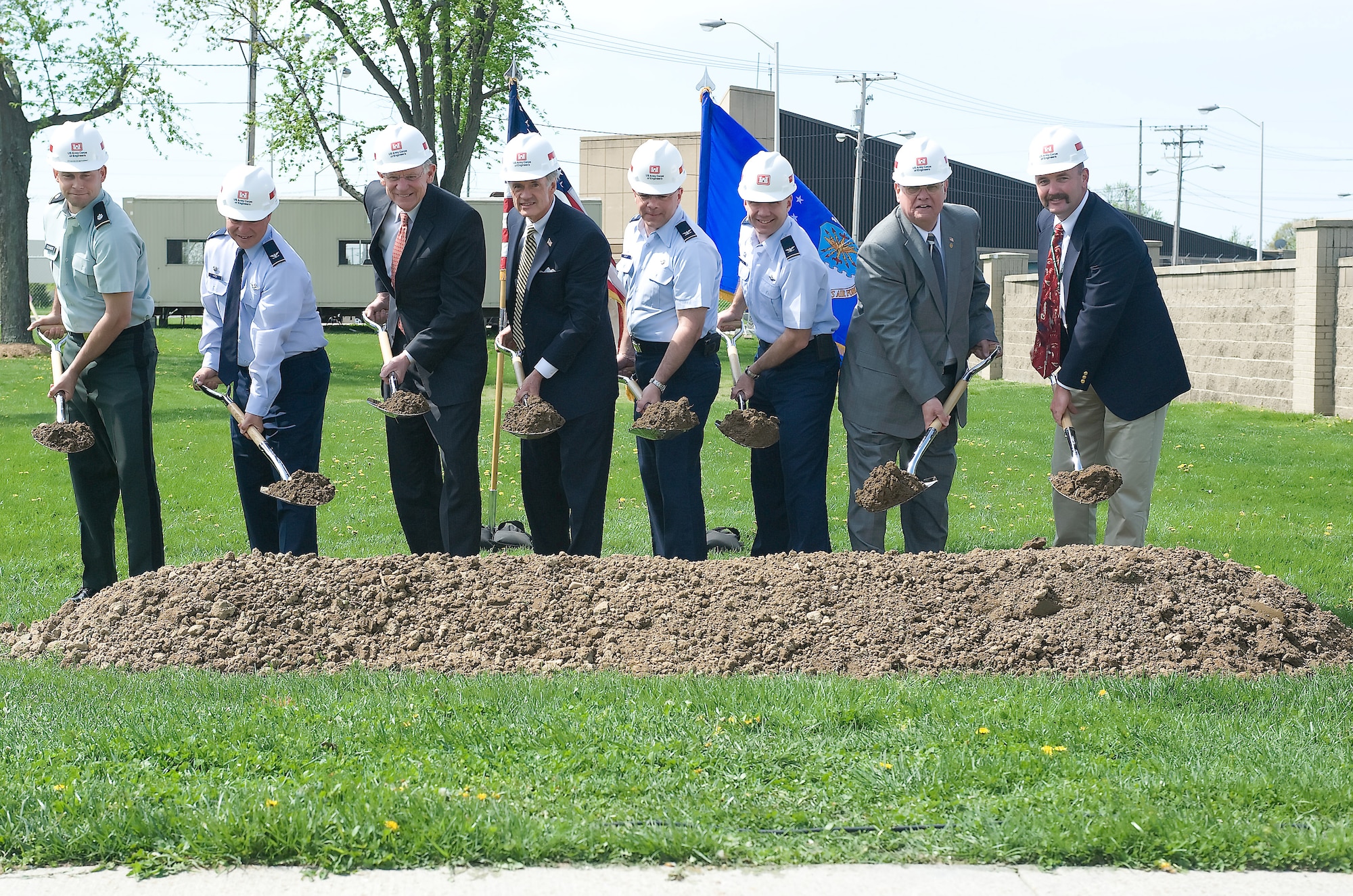 Wing leadership along with local legislative members break ground on the new Aircrew Flight Equipment facility April 12.  The new facility will take roughly one year to complete and will house 730 aircrew members.  (U.S. Air Force photo/Brianne Zimny)