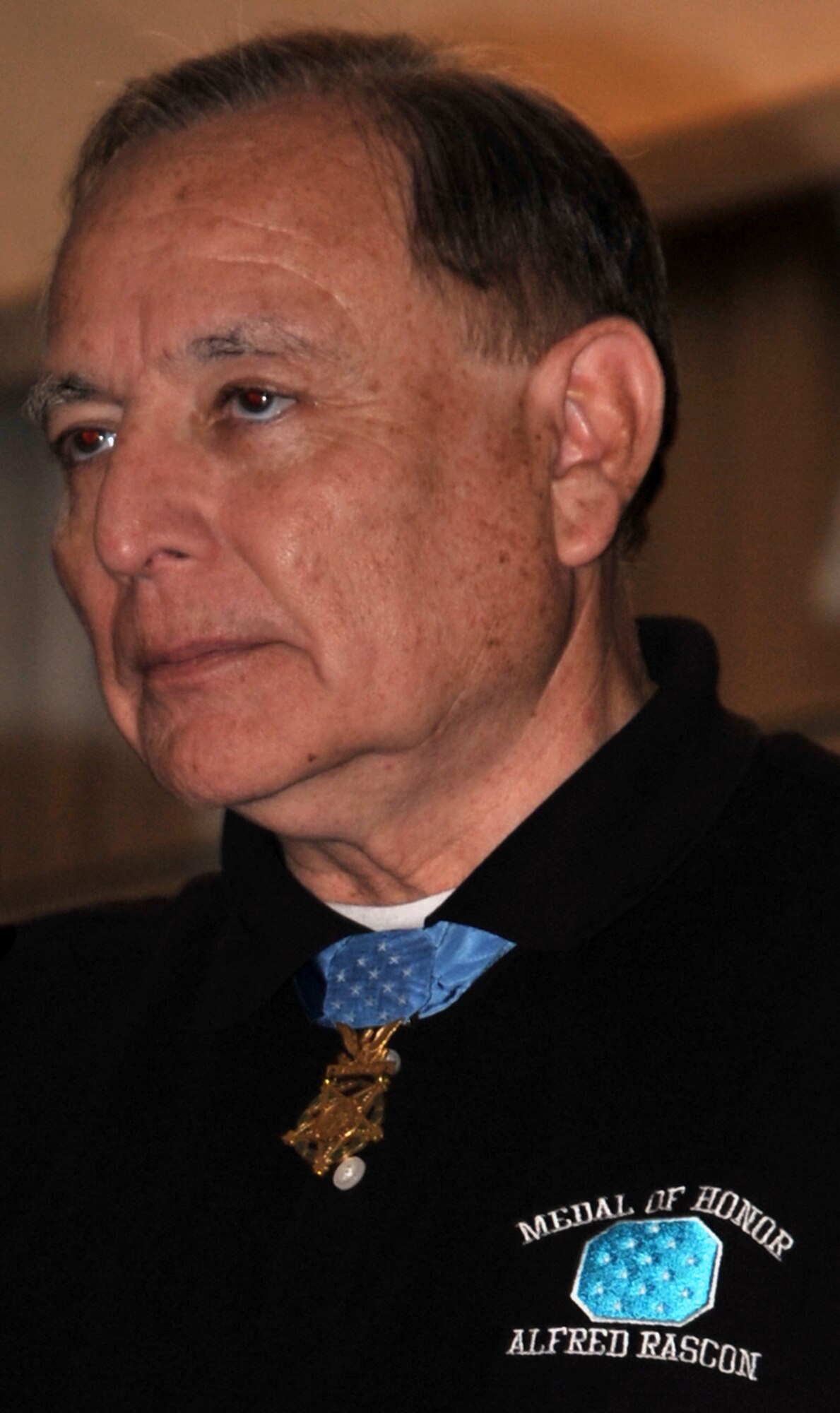 Retired Army Lt. Col. Alfred V. Rascon, Medal of Honor recipient, participates in the Medal of Honor Dining In with 380th Air Expeditionary Wing at a non-disclosed base in Southwest Asia on April 12, 2010. Colonel Rascon earned the Medal of Honor for actions for taken on March 16, 1966, in the Republic of Vietnam. Then a specialist fourth class, his "extraordinary valor in he face of deadly enemy fire, his heroism in rescuing the wounded, and his gallantry by repeatedly risking his own life for his fellow soldiers are in keeping with the highest traditions of military service." Colonel Rascon and another Medal of Honor winner, retired Army Staff Sgt. Don J. Jenkins, visited the 380th AEW as part of tour by Armed Forces Entertainment. (U.S. Air Force Photo/Master Sgt. Scott T. Sturkol/Released)