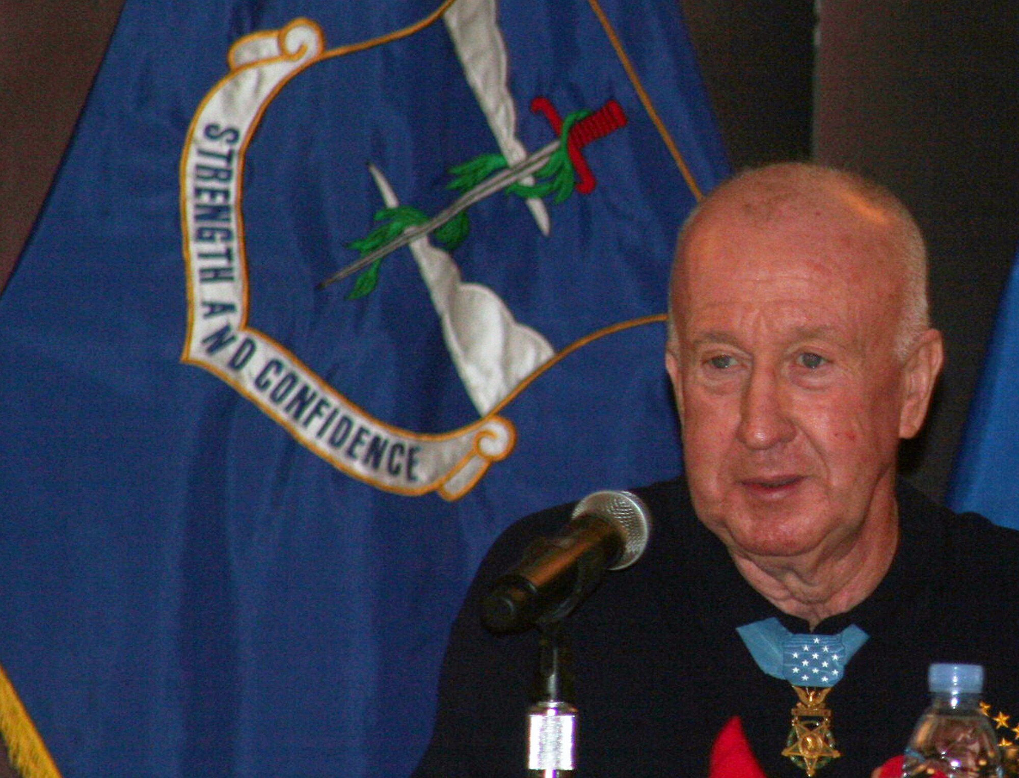Former Army Staff Sgt. Don. J. Jenkins, Medal of Honor winner, talks to the attendees of the Medal of Honor Dining In put on by the 380th Air Expeditionary Wing at a non-disclosed location in Southwest Asia on April 12, 2010. Sergeant Jenkins earned his Medal of Honor on Ja. 6, 1969, when he was a private first class serving in Vietnam. His citation states that Sergeant Jenkins' "extraordinary valor, dedication, and indomitable spirit inspired his fellow soldiers to repilse the determined enemy attack and ultimately defeat the larger force." Sergeant Jenkins and another Medal of Honor winner, retired Lt. Col. Alfred V. Rascon, visited the 380th Air Expeditionary Wing as part of a tour with Armed Forces Entertainment.  The dining in was held in their honor.  (U.S. Air Force Photo/Master Sgt. Scott T. Sturkol/Released)