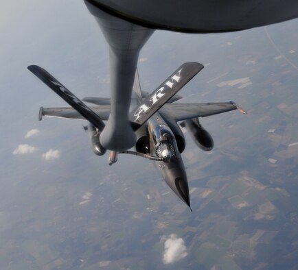RAF MILDENHALL, England – A French Mirage F1 fighter refuels off a 100th Air Refueling Wing KC-135 during Exercise BRILLIANT ARDENT April 14.  The large scale NATO Response Force Air Live Exercise hosted by Germany began April 12 and will run through April 22. Participation by U.S. Air Forces in Europe units directly aligns with the command key mission areas of providing forces for global operations and building partnership.  (U.S. Air Force photo/Staff Sgt. Austin M. May)