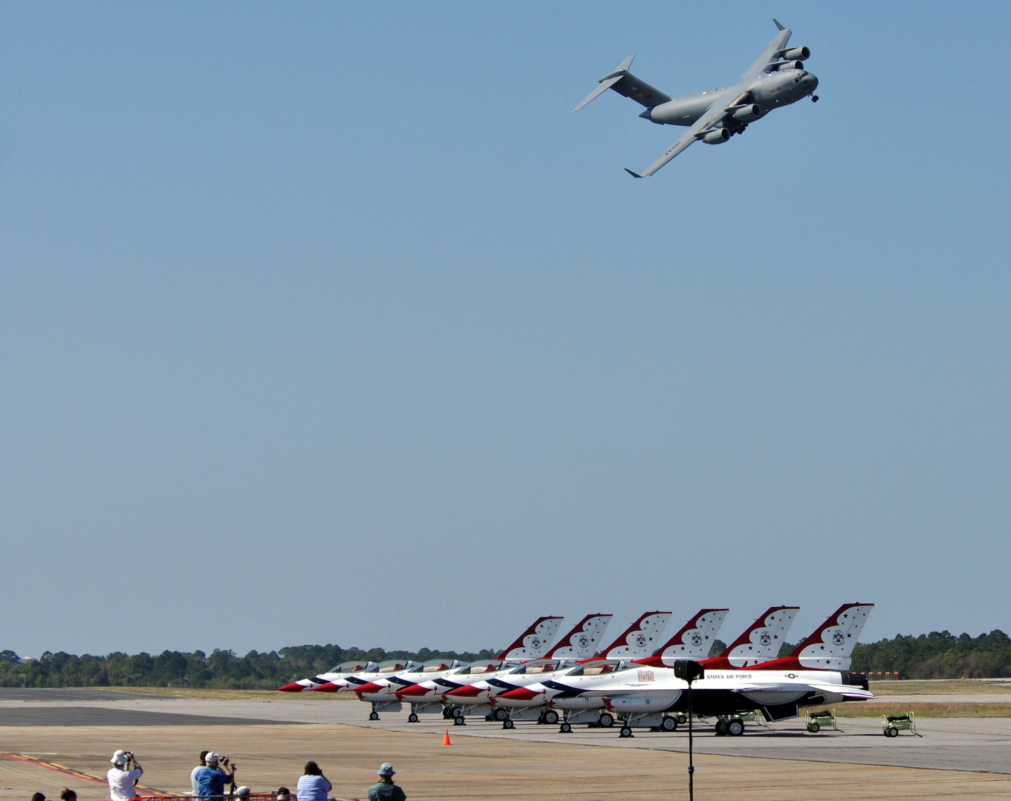 EGLIN AIR FORCE BASE, Fla. – A C-17 Globemaster III approaches the runway during the 75th Anniversary Air Show April 11. More than 125,000 were in attendance during the air show April 10-11, enjoying a variety of aerial performances and static displays. This was Eglin’s first open house since 2007 and was timed to coincide with the 75th anniversary of the installation. The Thunderbirds, F-22A Raptor demo and “Tora, Tora, Tora” were some of the highlights of the event. (U.S. Air Force photo/ Airman 1st Class Anthony Jennings)