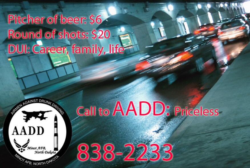 Pitcher of beer: $6. Round of shots: $20. DUI: Career, family, life. Call to AADD: Priceless (U.S. Air Force graphic by Senior Airman Sharida Jackson)