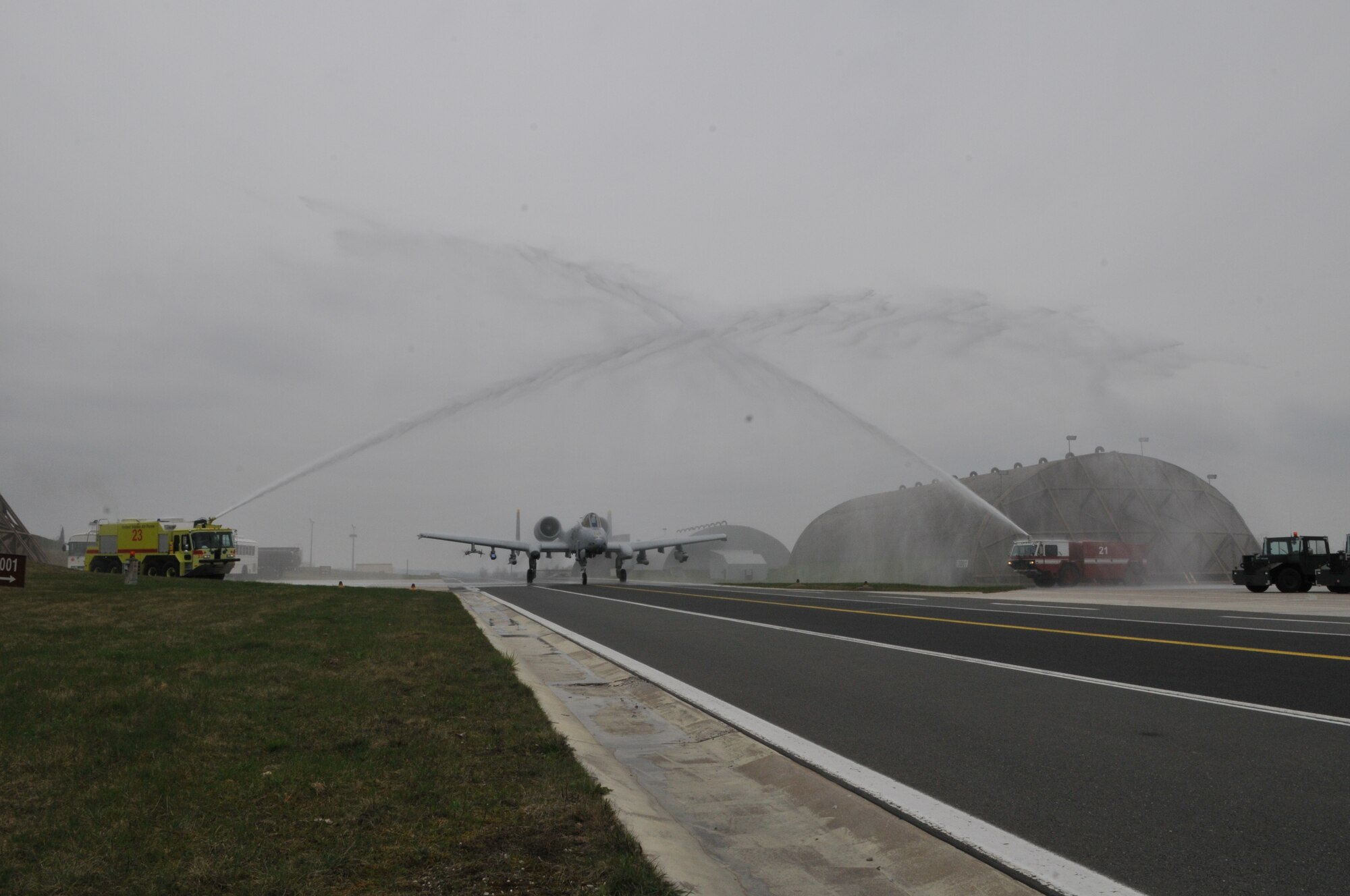 SPANGDAHLEM AIR BASE, Germany – Col. Anderson, 52nd Fighter Wing vice commander, taxis an A-10 Thunderbolt II under an arch of water provided by the 52nd Civil Engineer Squadron fire department after completing his final flight here April 8. Colonel Anderson accumulated more than 1,800 career flying hours. His next assignment is U.S. Senior National Representative, Air Component Command Headquarters, Ramstein Air Base, Germany. (U.S. Air Force photo/Airman 1st Class Nick Wilson)