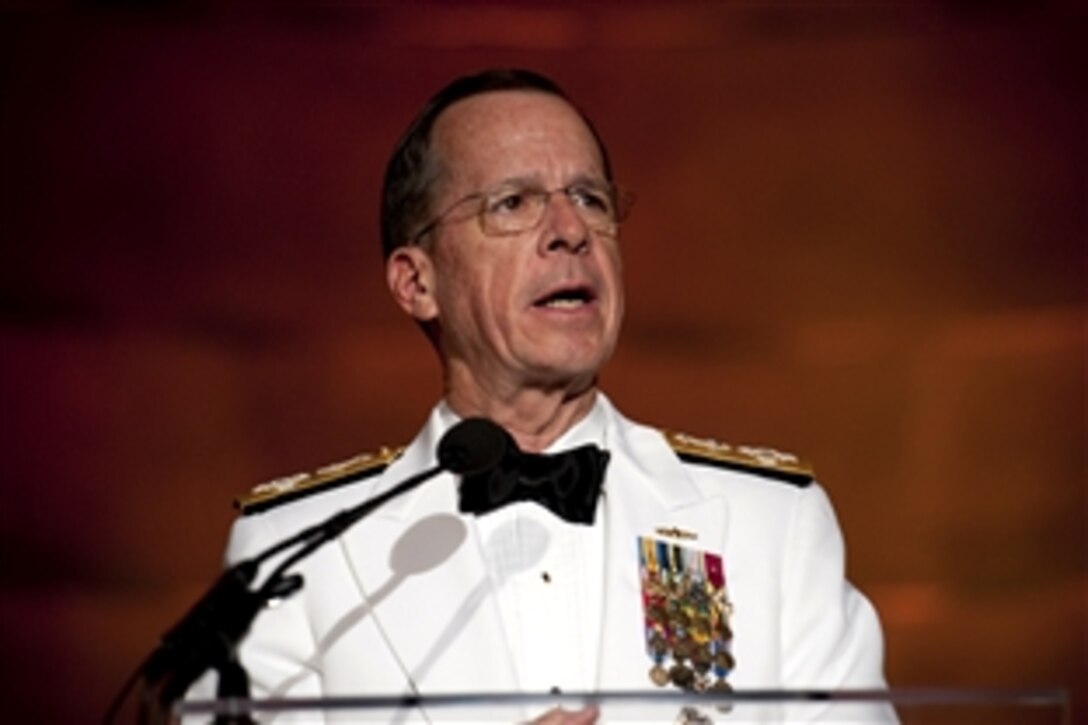Navy Adm. Mike Mullen, chairman of the Joint Chiefs of Staff, addresses the audience at the annual Tragedy Assistance Program for Survivors Gala in Washington, D.C., April 13, 2010. The organization, known as TAPS, has assisted more than 25,000 grieving military families who have lost loved ones with emotional support, a national peer-based support network and crisis intervention.