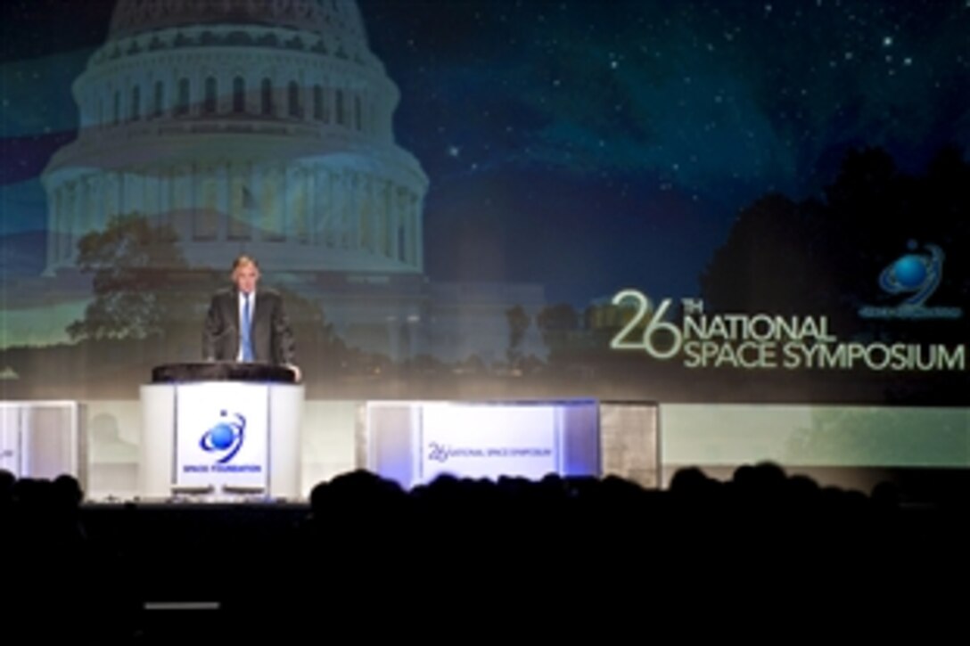 Deputy Defense Secretary William J. Lynn III speaks at the 2010 National Space Symposium in Colorado Springs, Colo., April 14, 2010.
