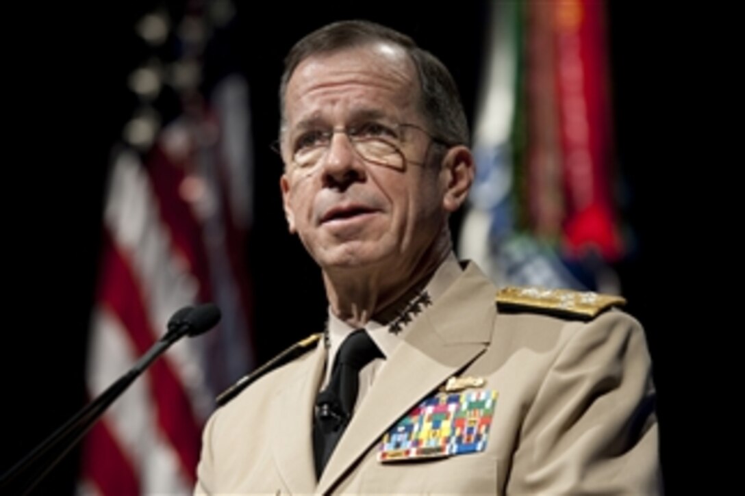 Chairman of the Joint Chiefs of Staff Adm. Mike Mullen addresses audience members at a preview of the PBS special "When Families Grieve" in the Pentagon on April 13, 2010.  The program portrays the tales of children coping with the loss of a parent and skills that have helped them move forward.  