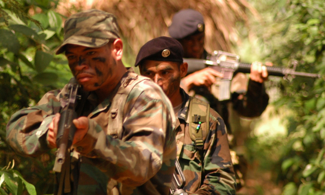 Belize Defense Force soldiers with 1st Infantry Battalion, Company F, conduct a mock-patrol while Marines and sailors of Company F, 2nd Battalion, 23rd Marine Regiment observe in a dense brush, similar to the jungle, during a modified BDF instructed jungle warfare tactics course as part of Tradewinds 10.